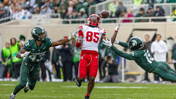 Nebraska receiver Jaidyn Doss tries to catch a pass against Michigan State (Nov. 4, 2023)